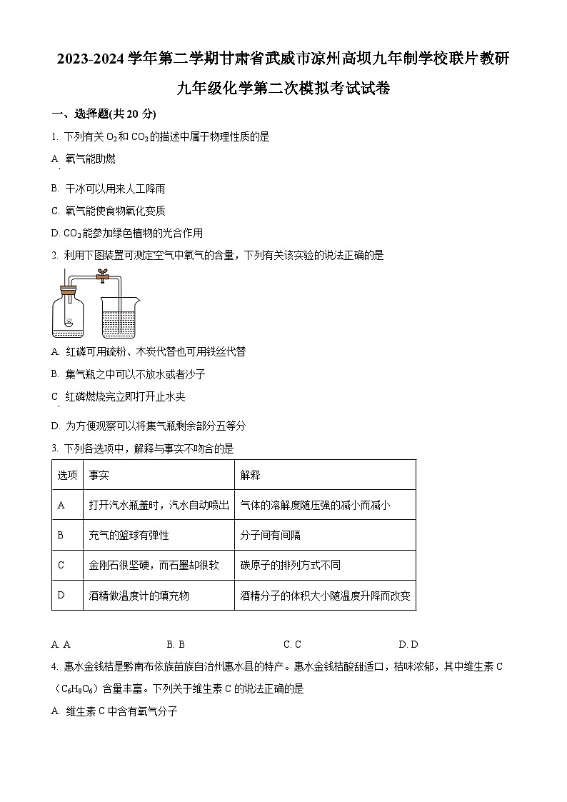 2024年甘肃省武威市凉州区高坝中学联片教研中考二模化学试题（原卷版+解析版）01