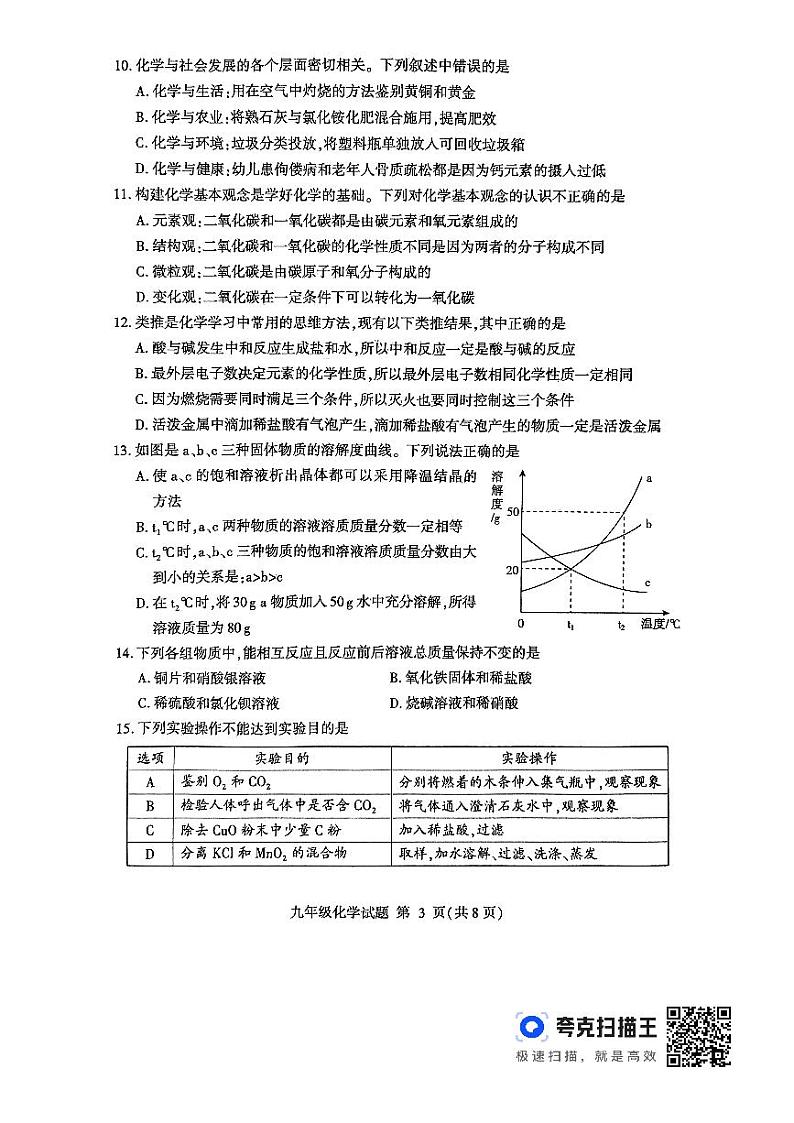 2024年山东省临沂市费县中考一模化学试题03