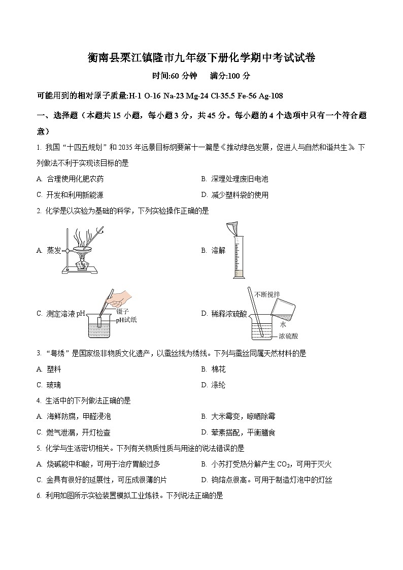 湖南省衡阳市衡南县衡南县栗江镇隆市初级中学2023-2024学年九年级下学期4月期中化学试题（原卷版）第1页