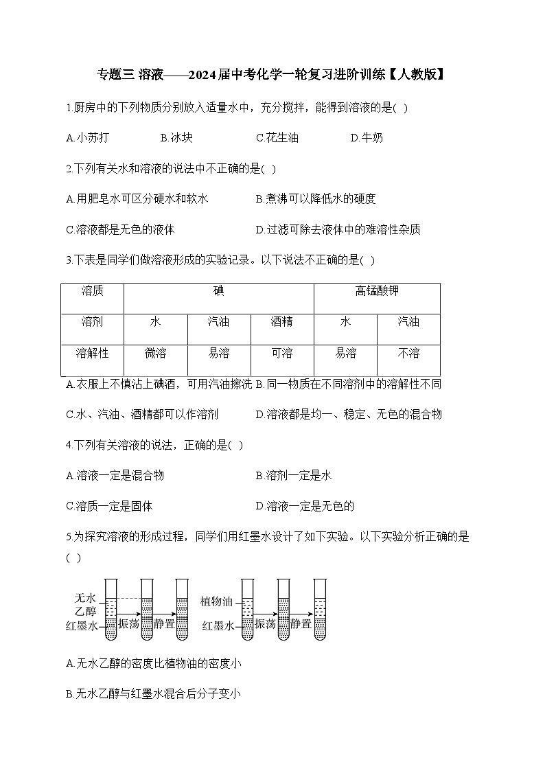 专题三 溶液——2024届中考化学一轮复习进阶训练【人教版】01