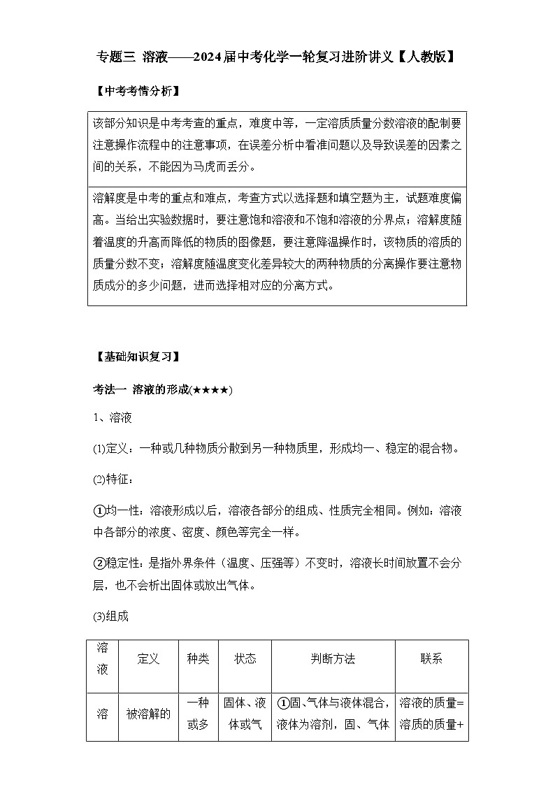 专题三 溶液——2024届中考化学一轮复习进阶讲义【人教版】第1页