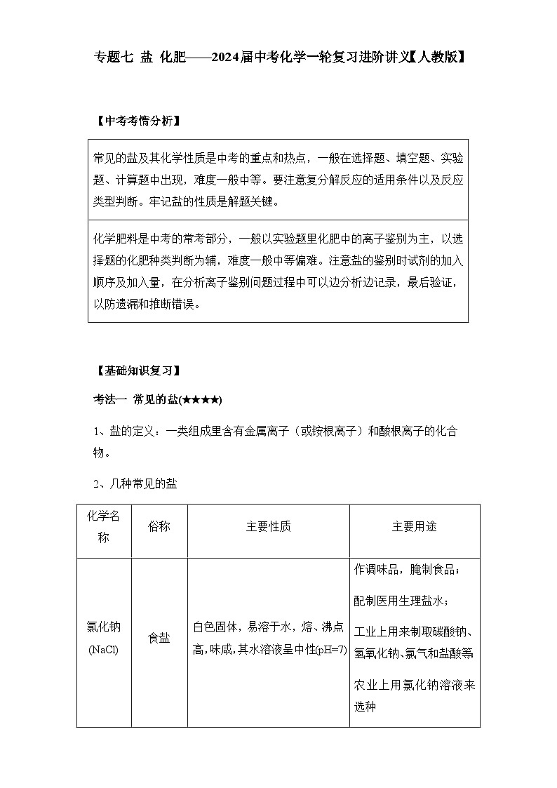 专题七 盐 化肥——2024届中考化学一轮复习进阶讲义【人教版】01