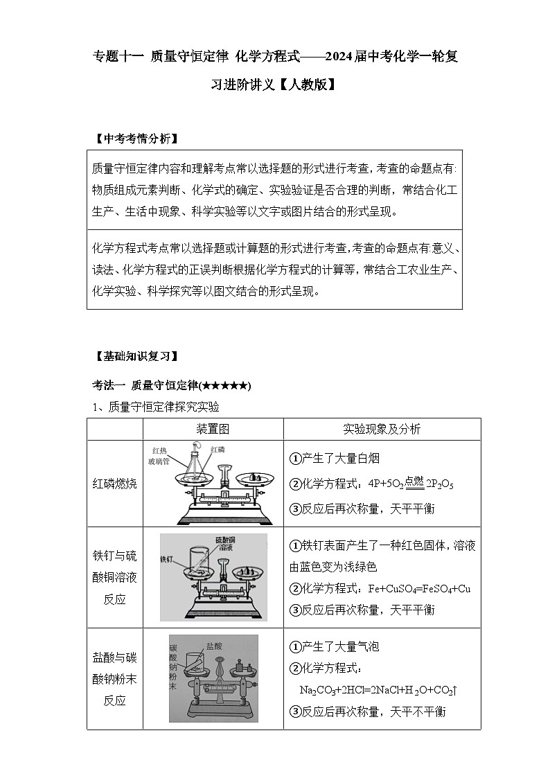 专题一0一 质量守恒定律 化学方程式——2024届中考化学一轮复习进阶讲义【人教版】第1页