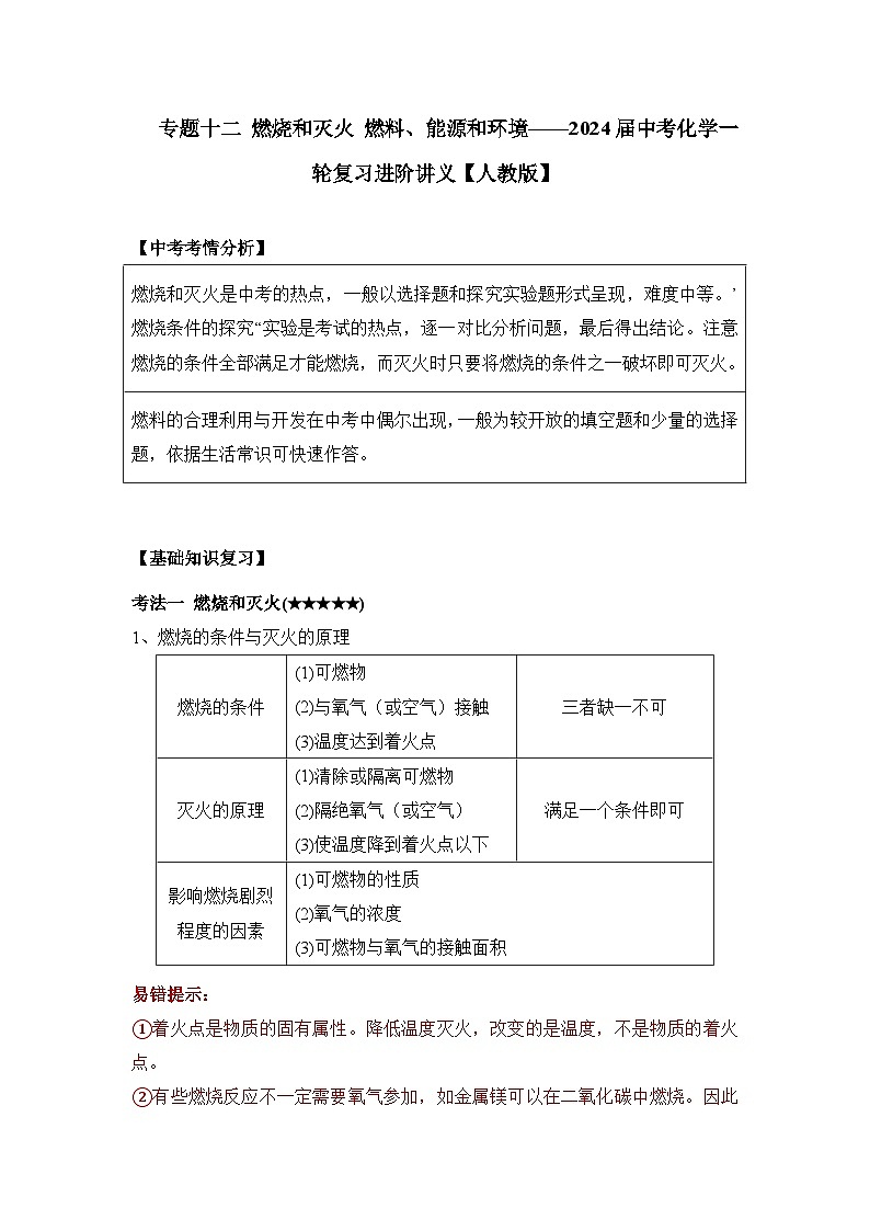 专题一0二 燃烧和灭火 燃料、能源和环境——2024届中考化学一轮复习进阶讲义【人教版】01