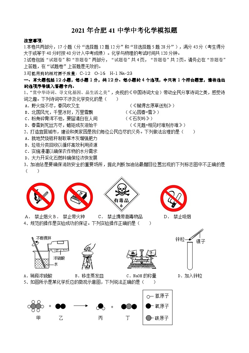 安徽省合肥市第四十一中学中考模拟题2021化学试题01