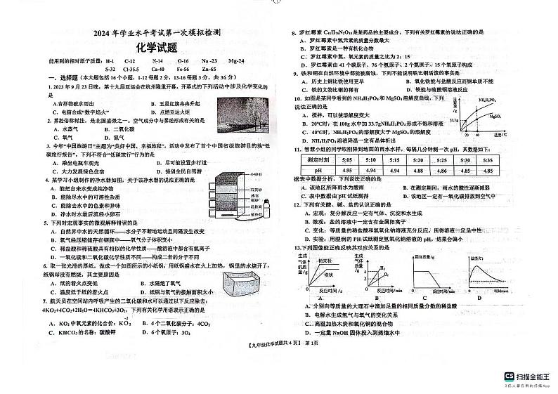 2024年山东省德州市宁津县中考一模化学试题01