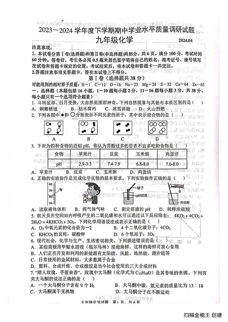 2024年山东省临沂市罗庄区九年级一模化学试题第1页