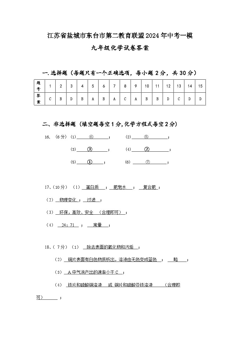 江苏省盐城市东台市第二教育联盟2024年中考一模九年级化学参考答案第1页