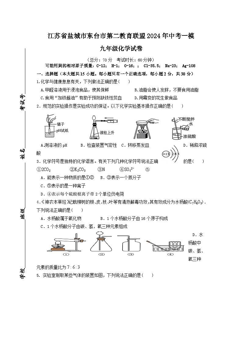 江苏省盐城市东台市第二教育联盟2024年中考一模九年级化学试卷第1页