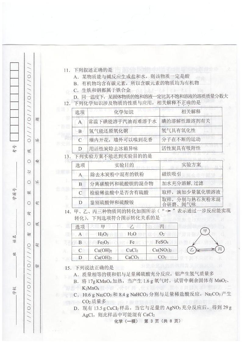 2024年天津市部分区初三一模化学试卷和答案第3页