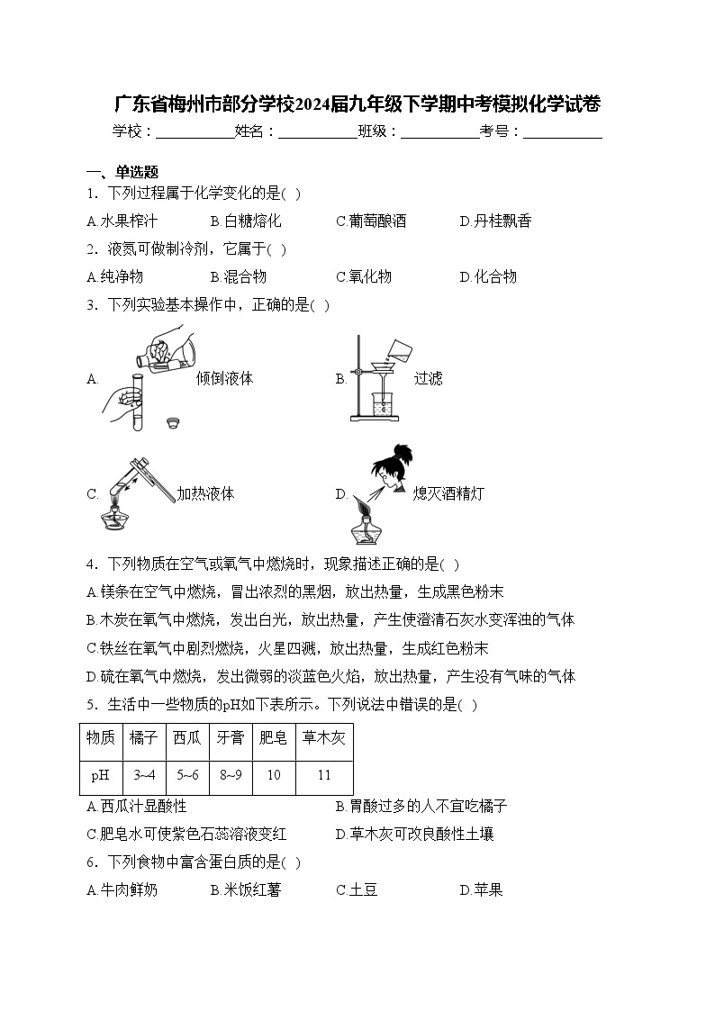 广东省梅州市部分学校2024届九年级下学期中考模拟化学试卷(含答案)01