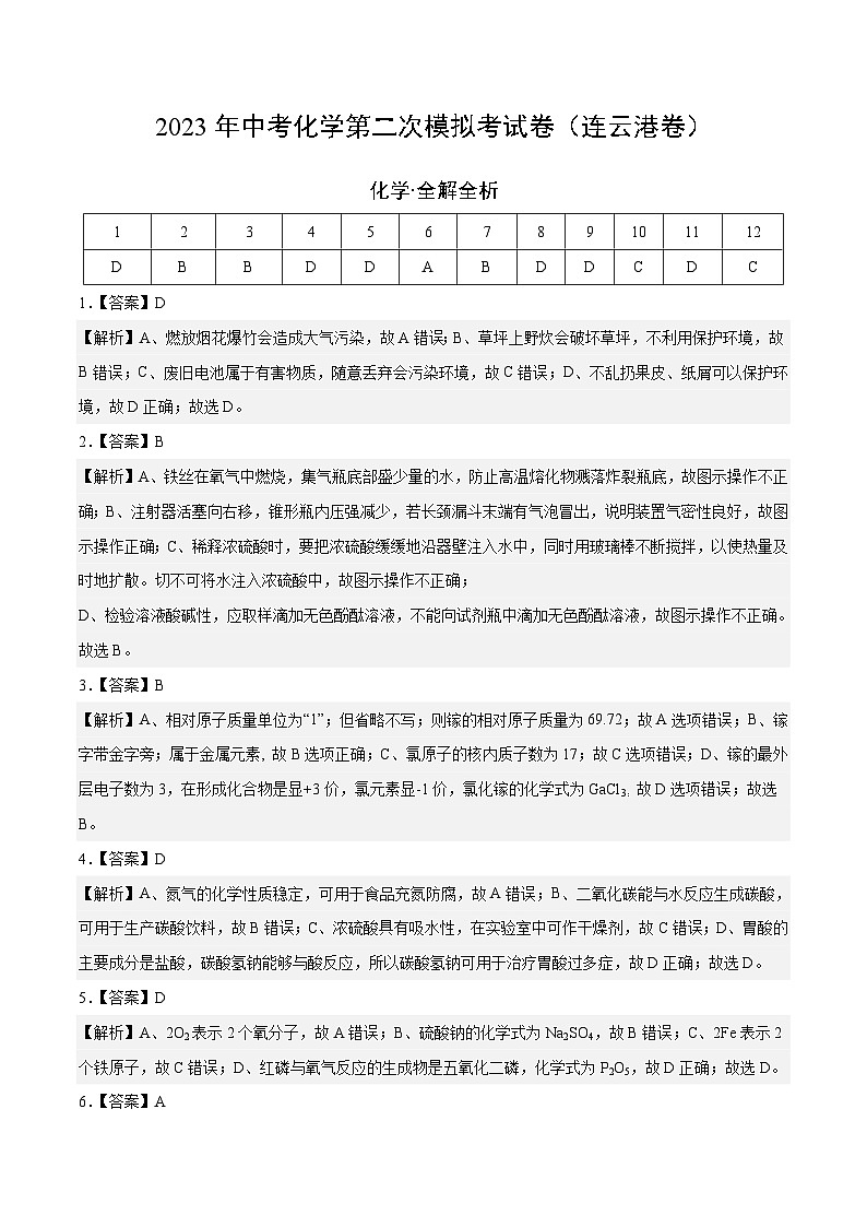 化学（连云港卷）2023年中考第二次模拟考试卷（解析版）第1页