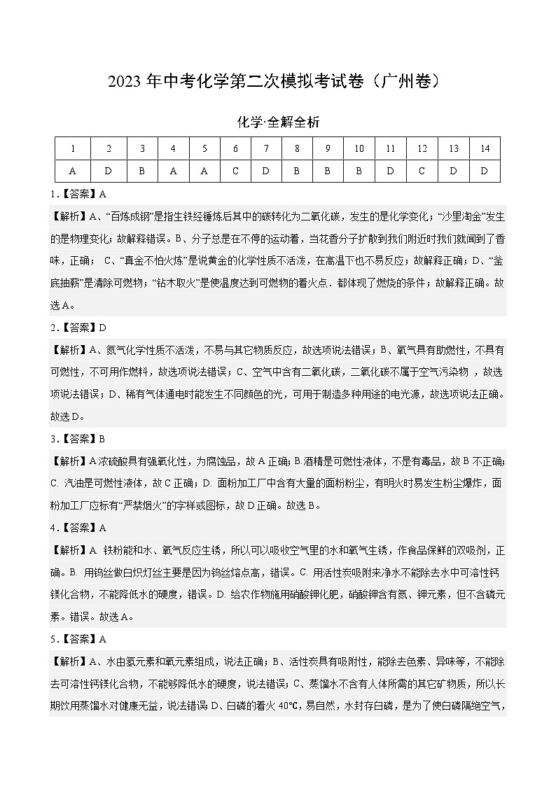 化学（广州卷）2023年中考第二次模拟考试卷（解析版）第1页