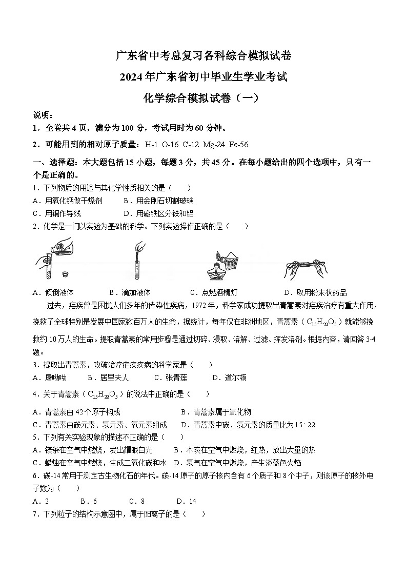 2024年广东省茂名市第一中学中考第一次模拟考试化学试卷01