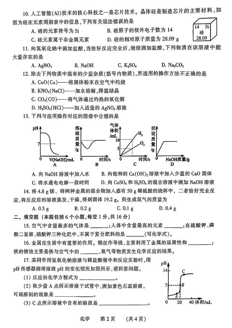 2024年河南省濮阳市九年级中考一模化学试题及答案第2页