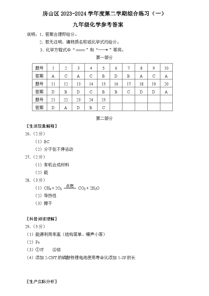 2024年北京市房山区九年级中考一模 化学试题01