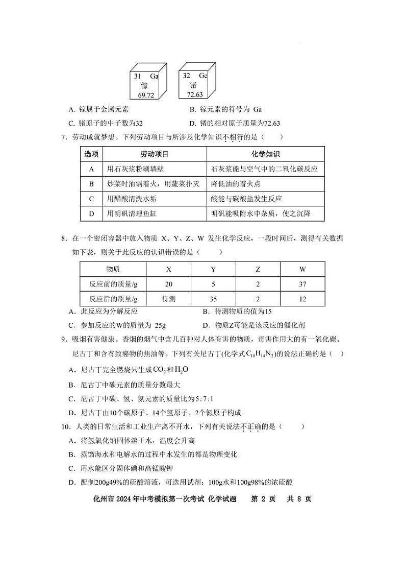 化州市2014年中考化学模拟第一次考试第2页