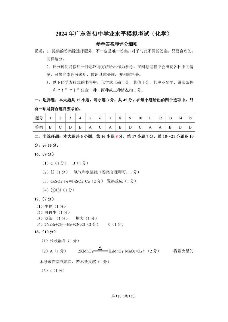 2024年广东省茂名市茂南区市九年级中考一模 化学试题01