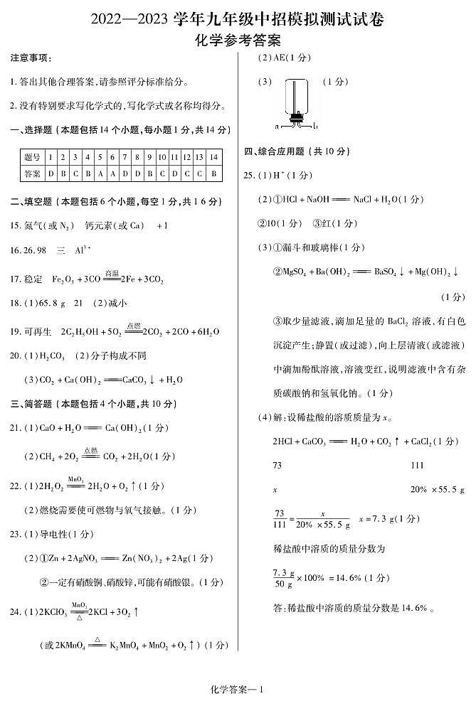 2024年河南省信阳市中考一模 化学试题01