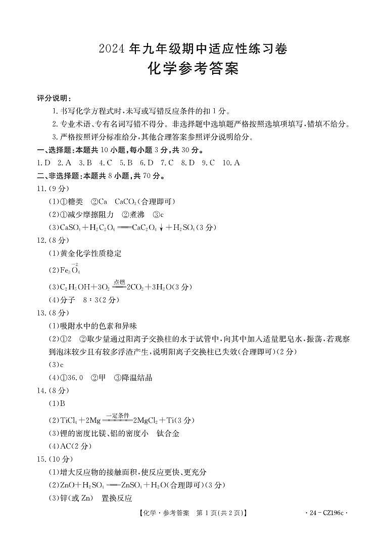 2024年春福建省泉州市德化县九年级中考第一次质量检测试 化学试卷01