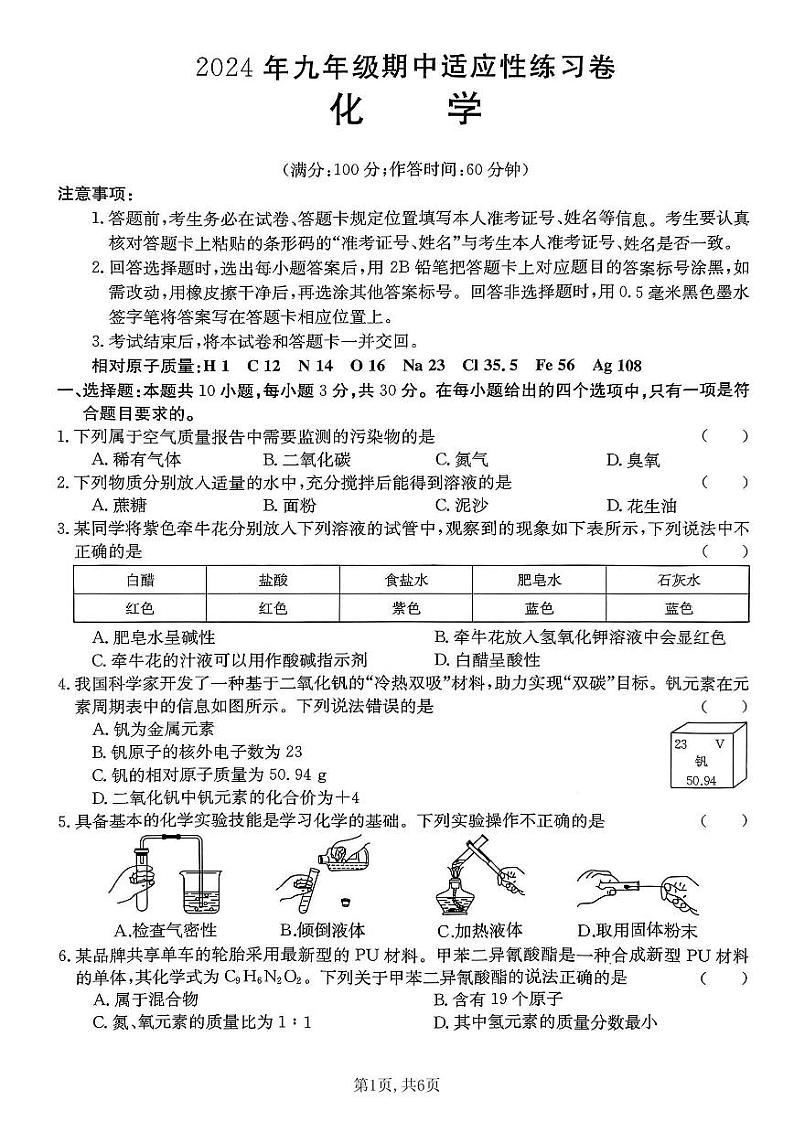 2024年春福建省泉州市德化县九年级中考第一次质量检测试 化学试卷01