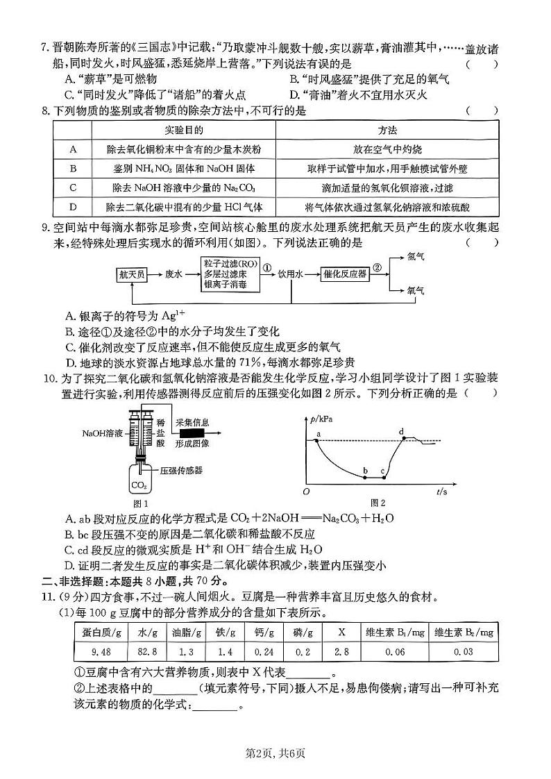2024年春福建省泉州市德化县九年级中考第一次质量检测试 化学试卷02