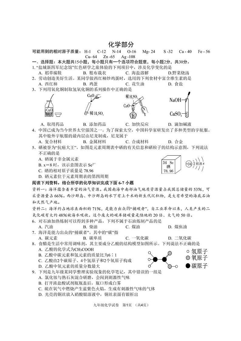2024年江苏省盐城市亭湖区中考一模 化学试题01