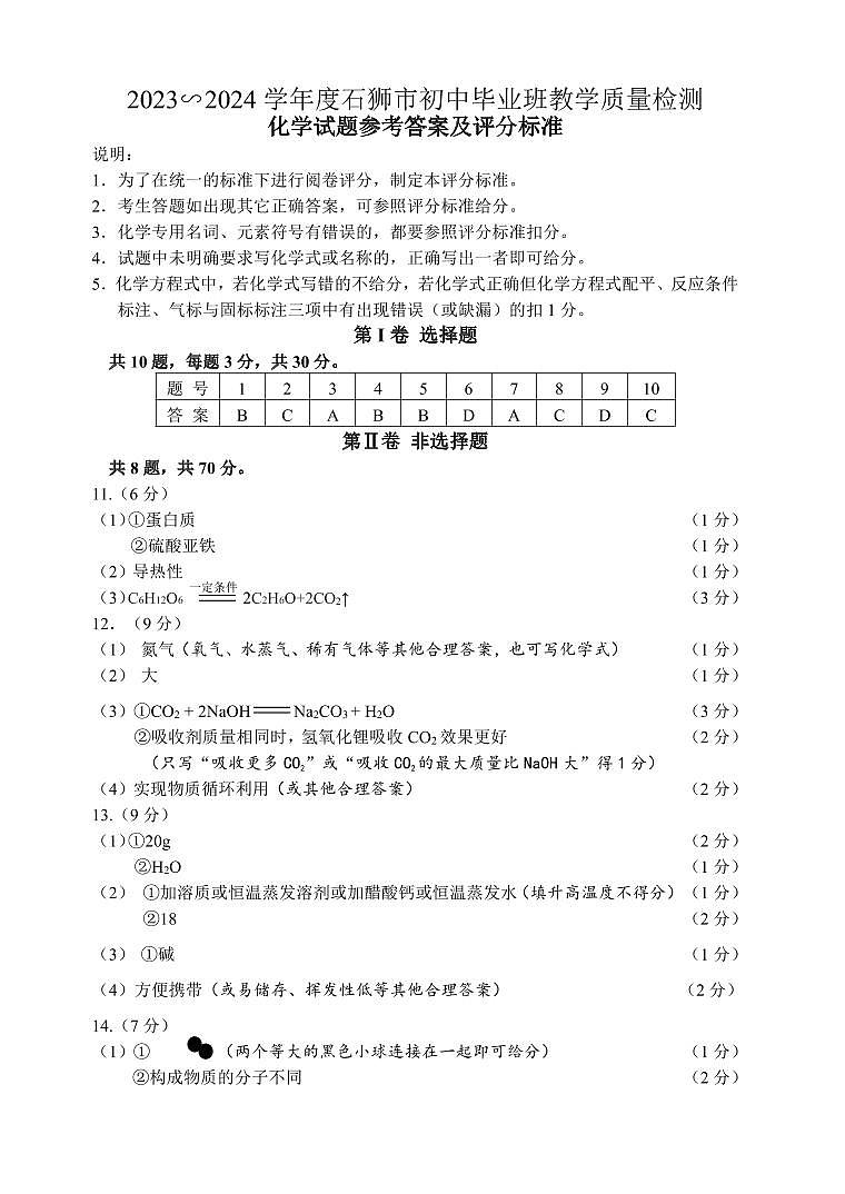 2023-2024学年度福建省石狮市初中毕业班教学质量检测化学试题01