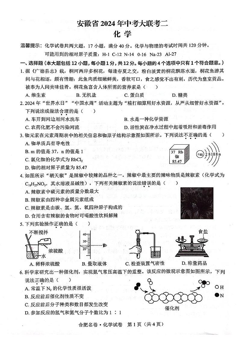 2024年安徽省名校中考大联考二化学试题第1页