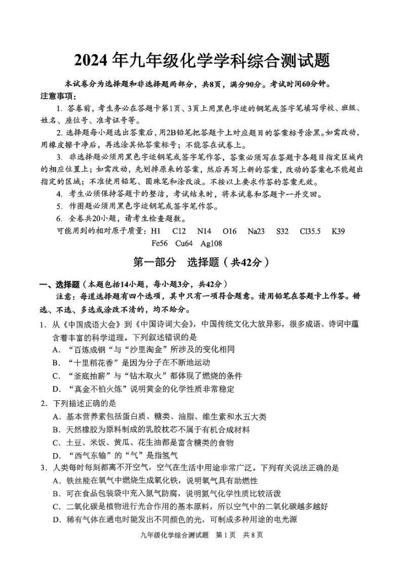 2024年广东省广州市番禺区九年级化学综合测试题（一模）01