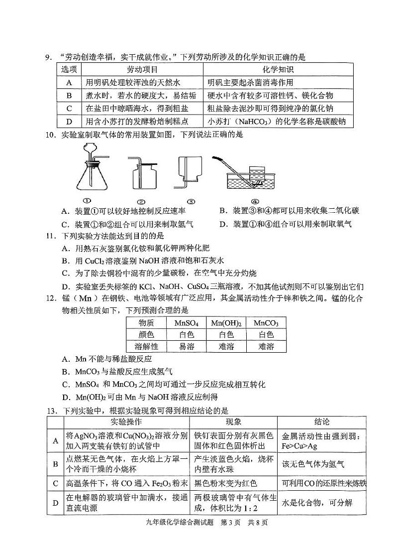 2024年广东省广州市番禺区九年级化学综合测试题（一模）03