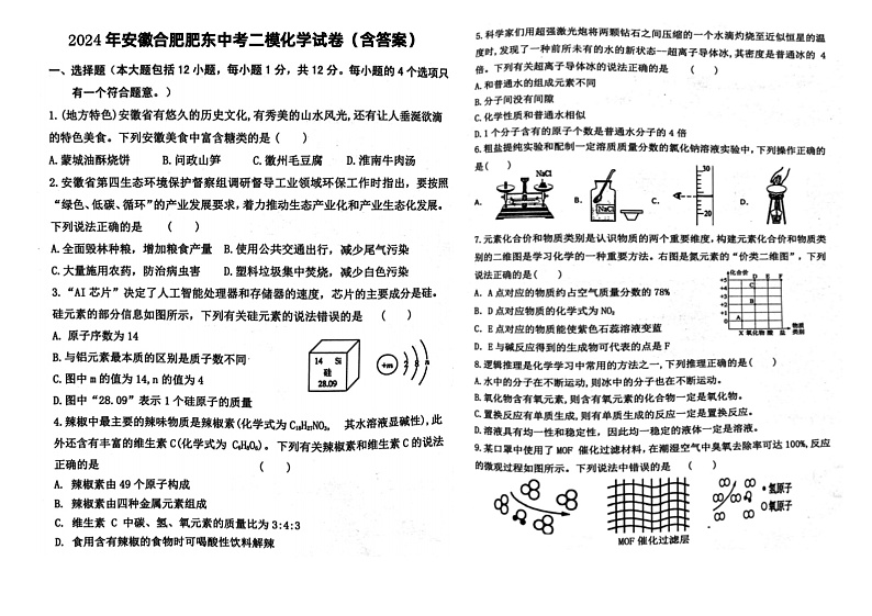 2024年安徽省合肥市肥东县中考二模化学试卷第1页
