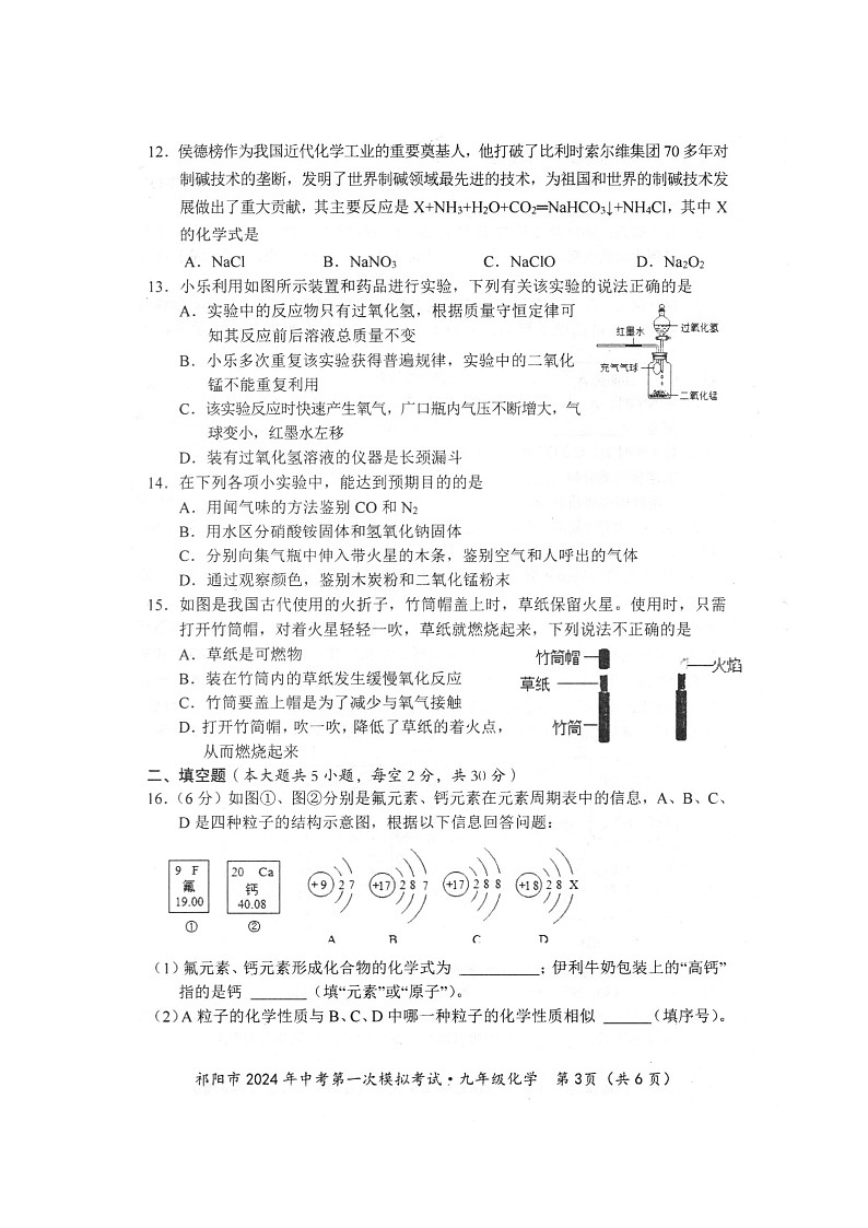2024年湖南省祁阳市中考第一次模拟考试化学试题卷第3页