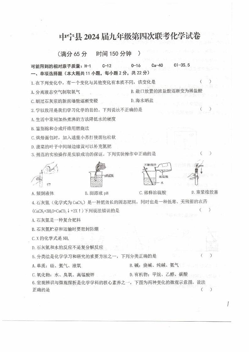 宁夏回族自治区中卫市中宁县2023-2024学年九年级下学期4月月考化学试题第1页