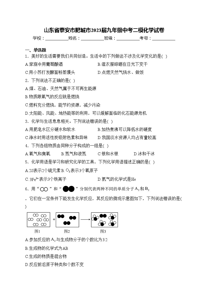 山东省泰安市肥城市2023届九年级中考二模化学试卷(含答案)01