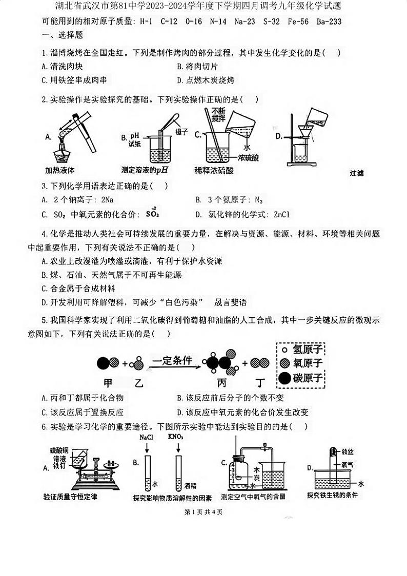 湖北省武汉市第81中学2023-2024学年度下学期四月调考九年级化学试题01