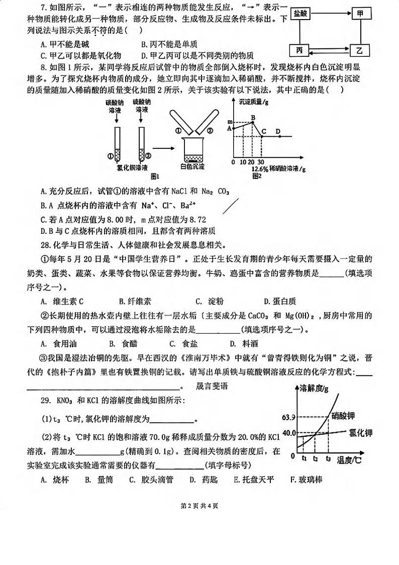 湖北省武汉市第八十一中学2023-2024学年九年级下学期四月调考化学试题第2页