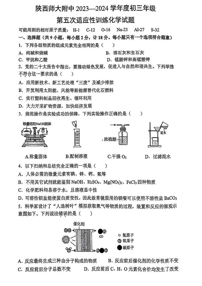 2024年陕西省西安市陕西师范大学附属中学中考五模化学试卷第1页