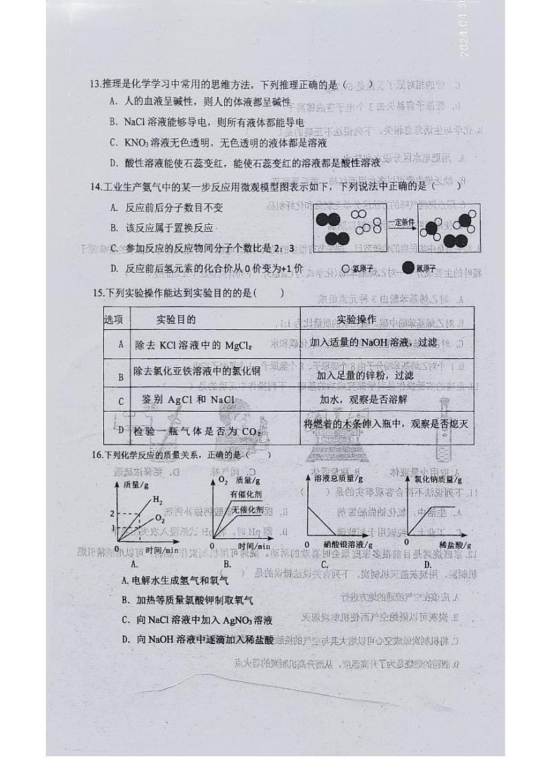 重庆市开州区文峰教育集团2023-2024学年九年级下学期4月期中化学试题03