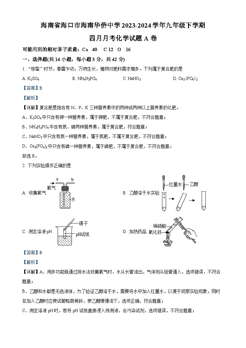 海南省海口市海南华侨中学2023-2024学年九年级下学期四月月考化学试题A卷（原卷版+解析版）01