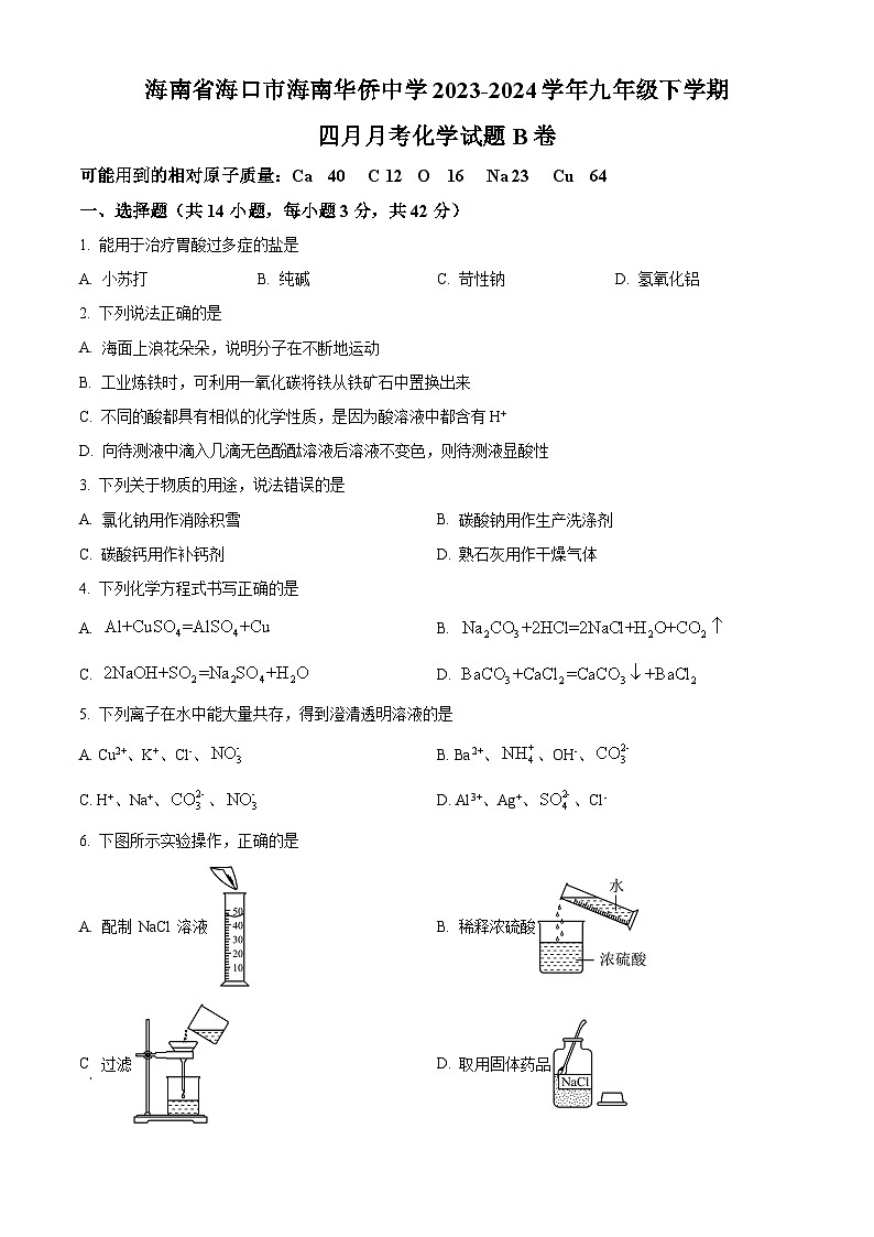 海南省海口市海南华侨中学2023-2024学年九年级下学期四月月考化学试题B卷（原卷版+解析版）01