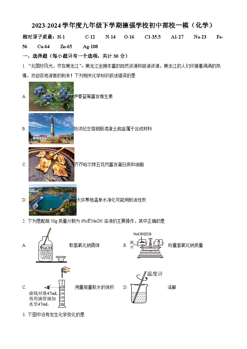 2024年黑龙江省哈尔滨市香坊区德强学校中考一模考试化学试题（原卷版+解析版）01