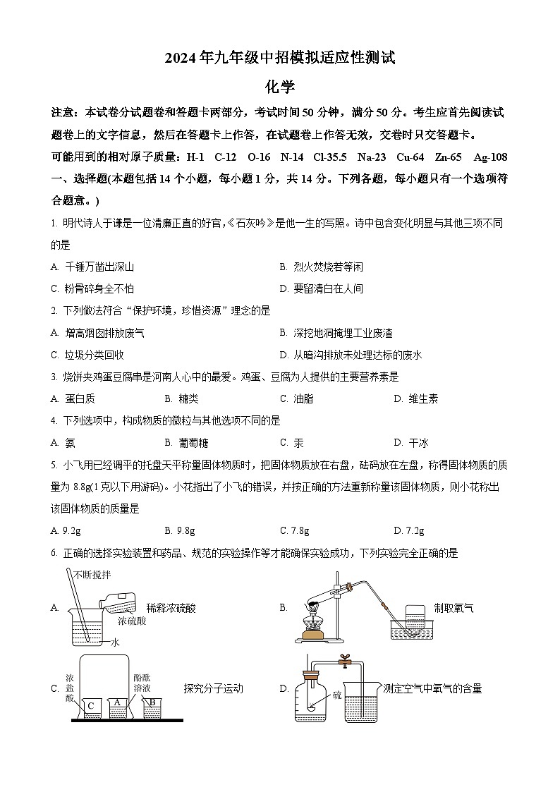 河南省鹤壁市外国语中学2023-2024学年九年级下学期4月期中化学试题（原卷版）第1页
