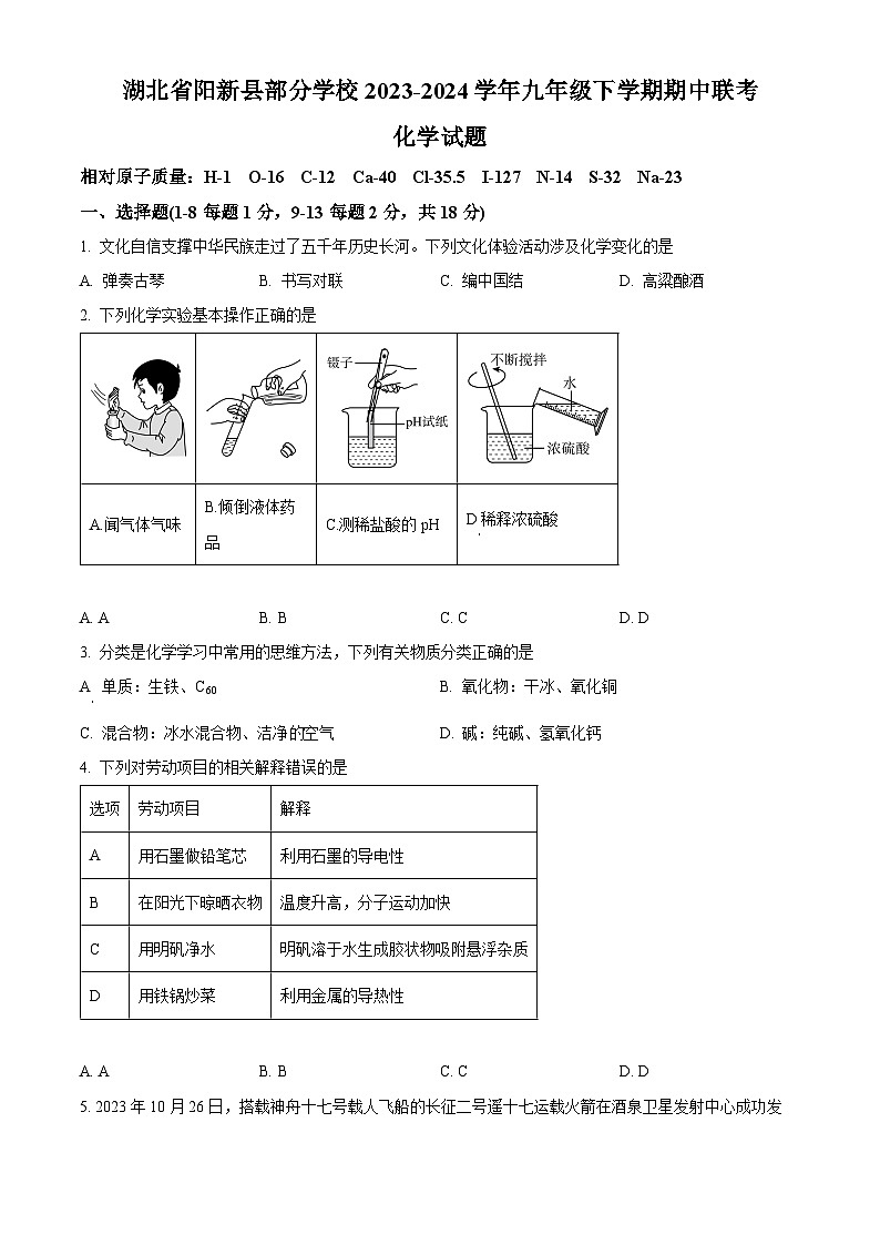 湖北省黄石市阳新县部分学校2023-2024学年九年级下学期期中联考化学试题（原卷版+解析版）01