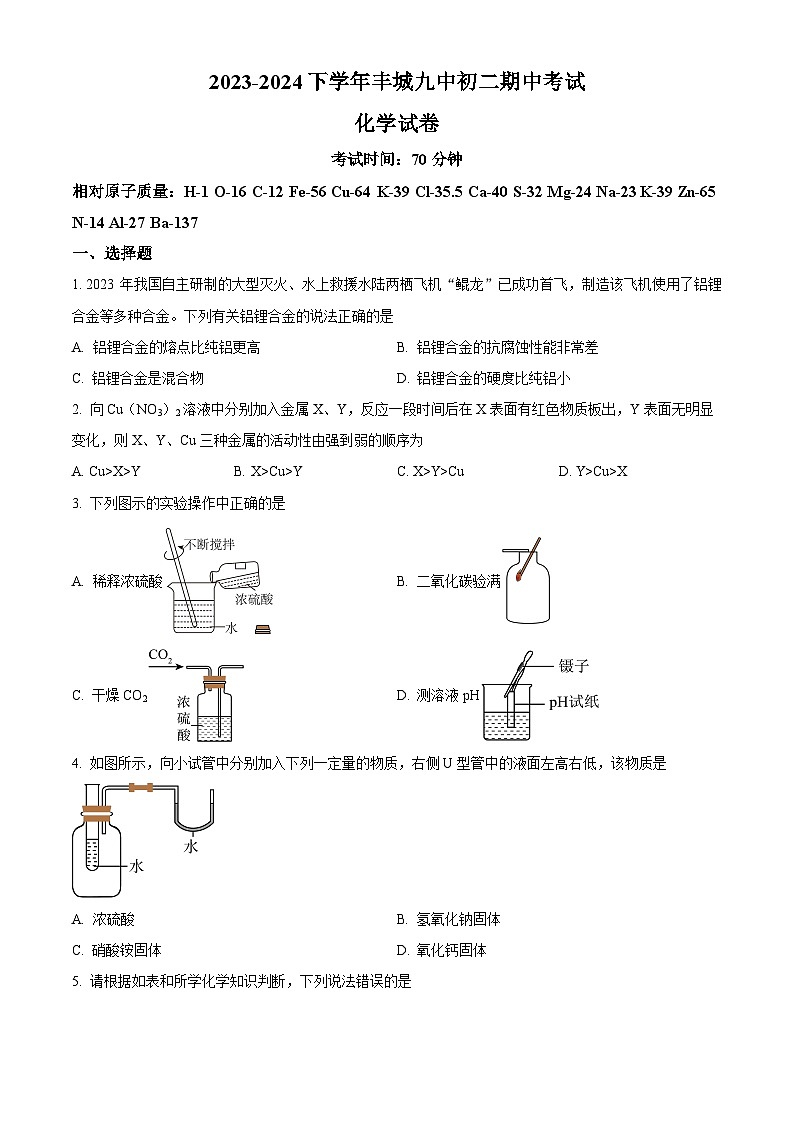江西省宜春市丰城市第九中学2023-2024学年八年级下学期期中考试化学试题（A卷）（原卷版）第1页
