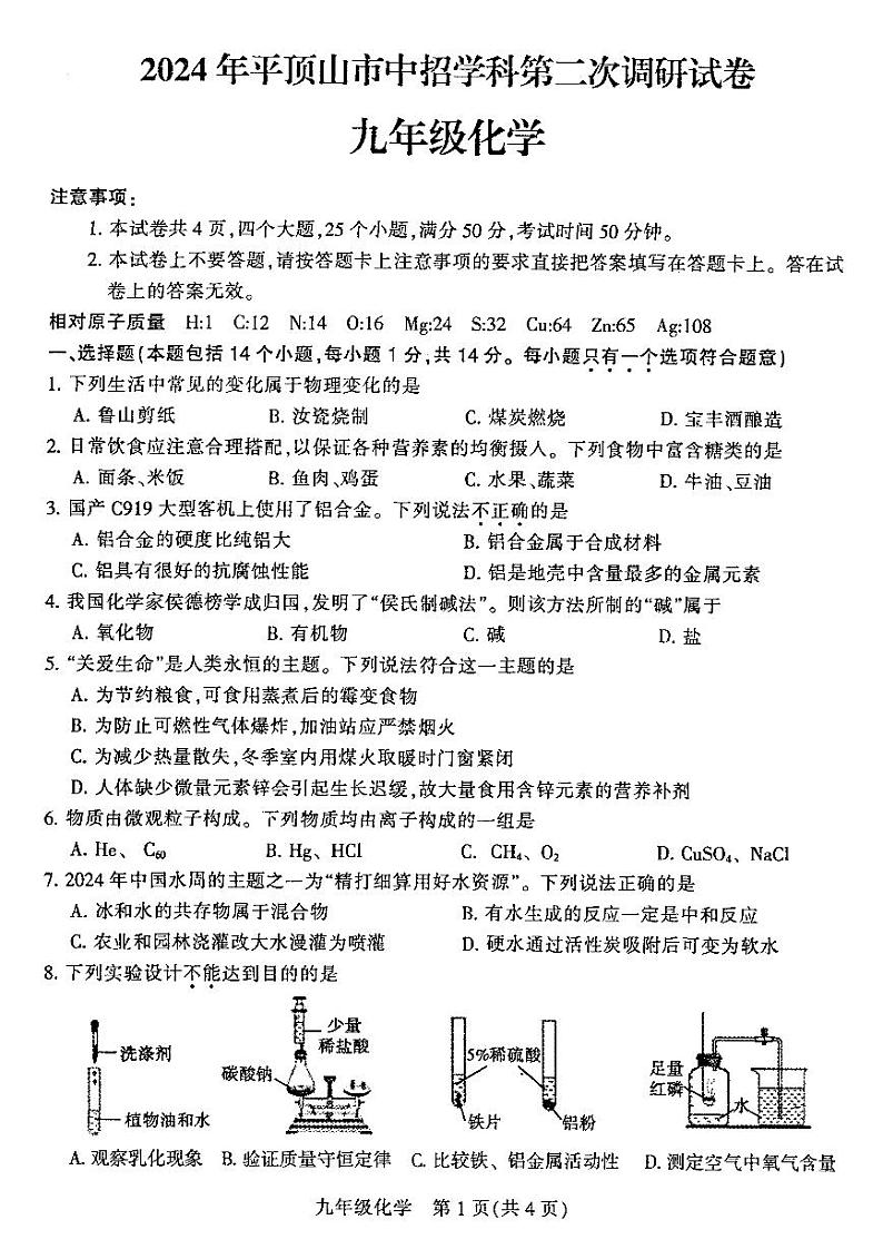 2024年河南省平顶山市九年级中招二模化学试题及参考答案01