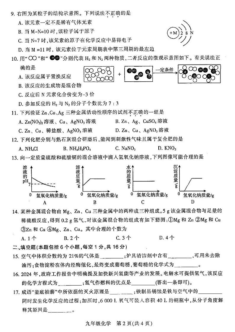 2024年河南省平顶山市九年级中招二模化学试题及参考答案02