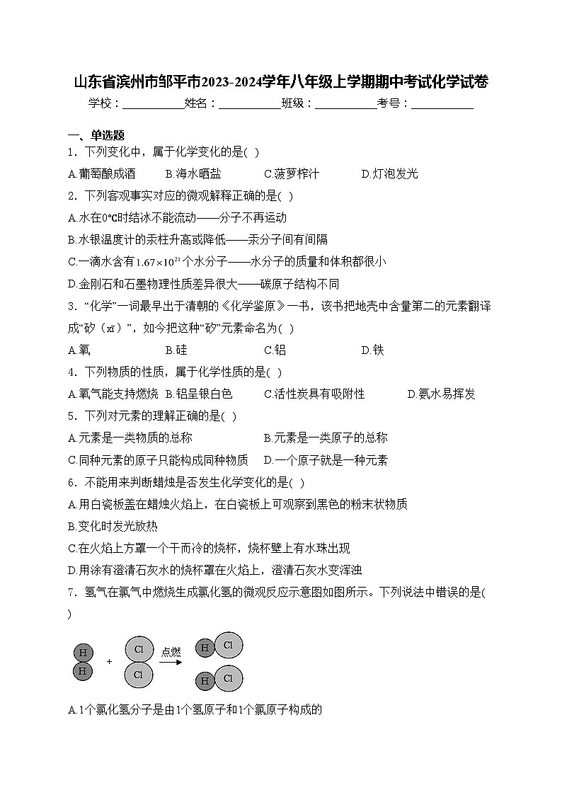 山东省滨州市邹平市2023-2024学年八年级上学期期中考试化学试卷(含答案)01