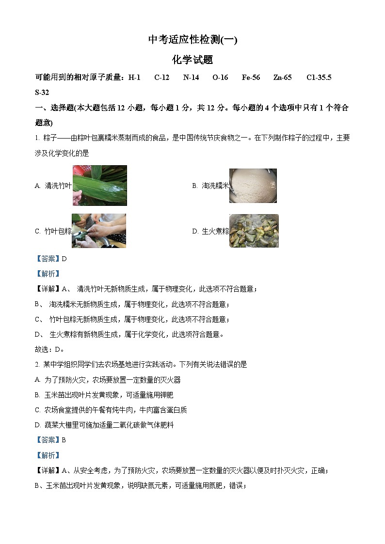 2024年安徽省六安市金安区六安皋城中学中考一模化学试题（原卷版+解析版）01