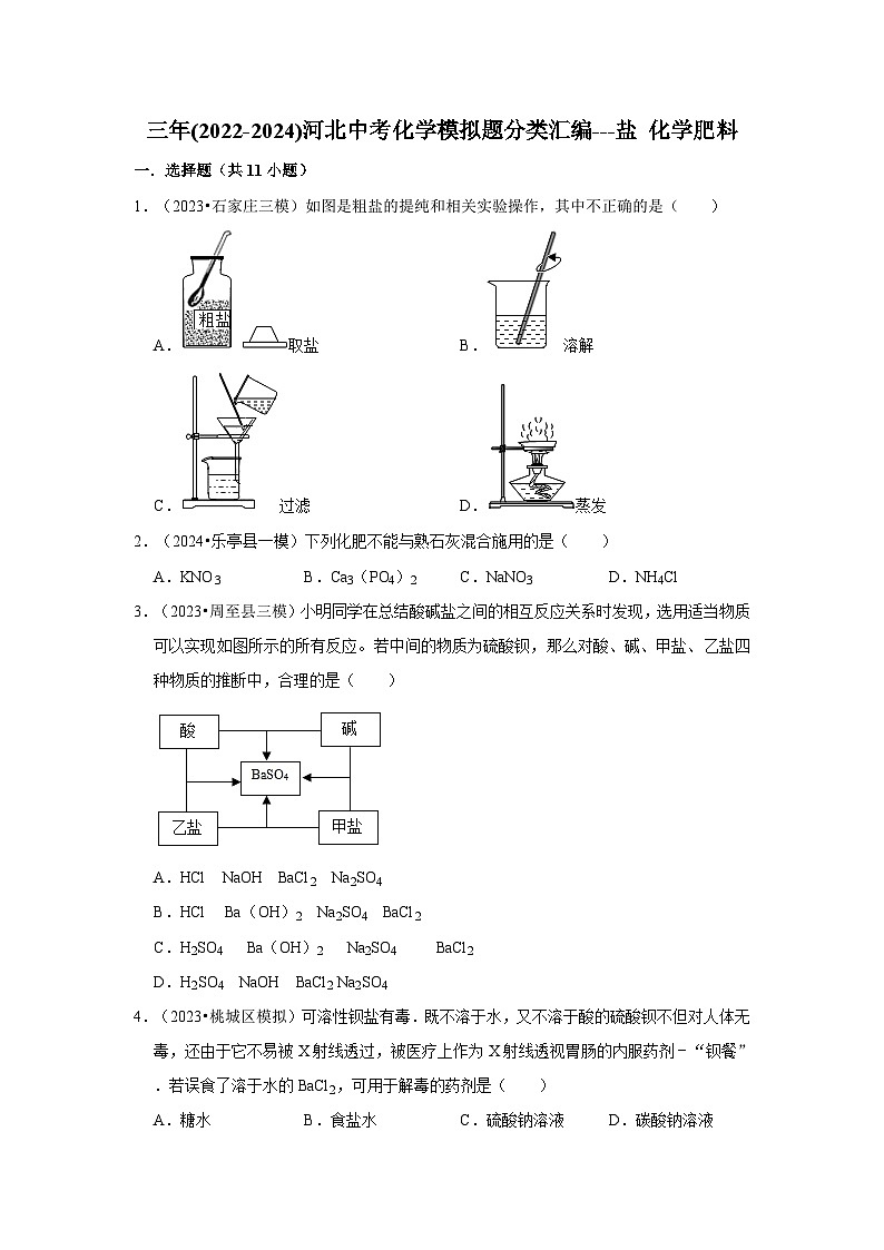 三年(2022-2024)河北中考化学模拟题分类汇编---盐 化学肥料第1页